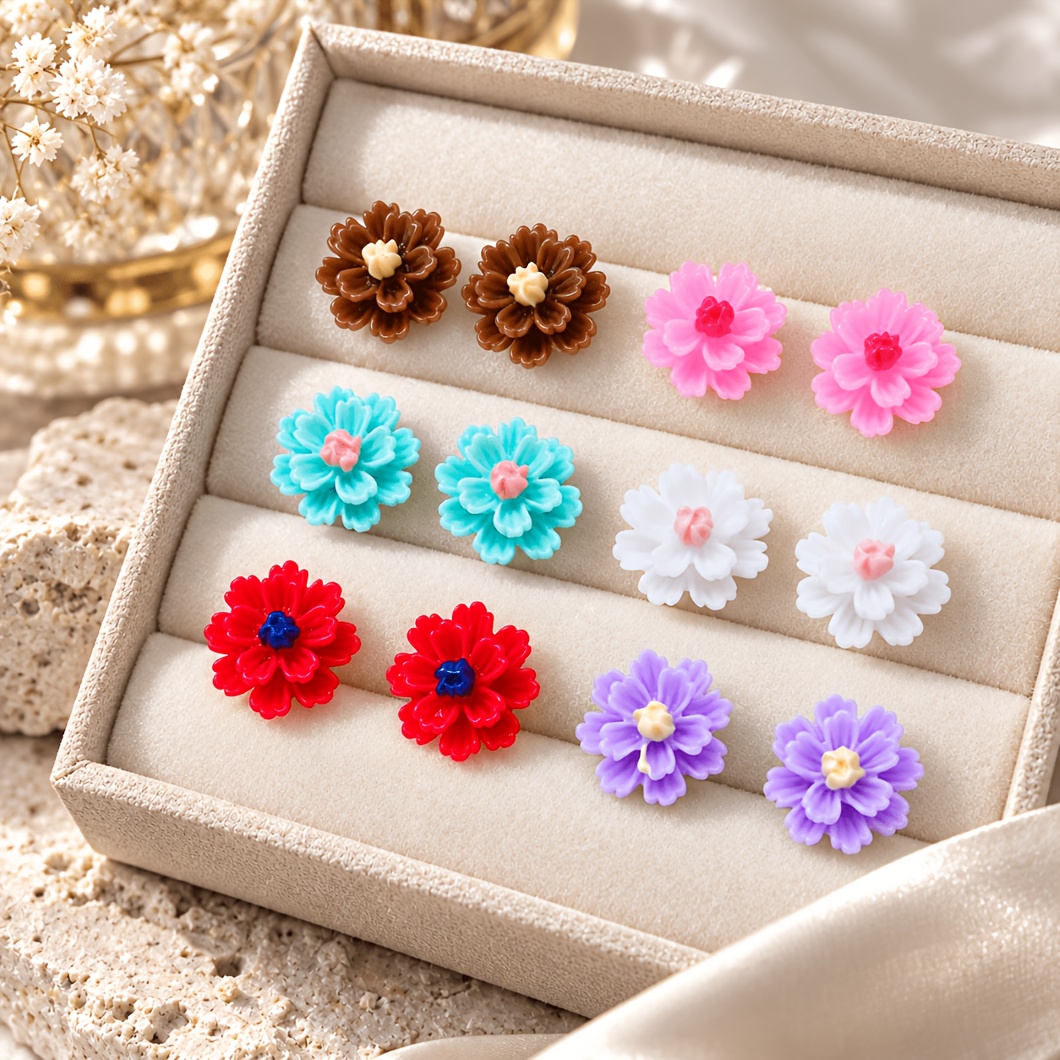 Multicolor Flower Stud Earrings Set, 6-Pairs